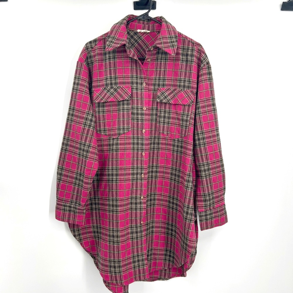 Entro Womens Pink Plaid Wool Blend Flannel Oversized Button‎ Down Shirt Large